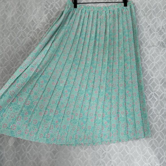 Vtg Pleated Midi Skirt 14 Green Pink Floral Fairy Feminine Spring Easter 90s Y2K - Picture 3 of 9